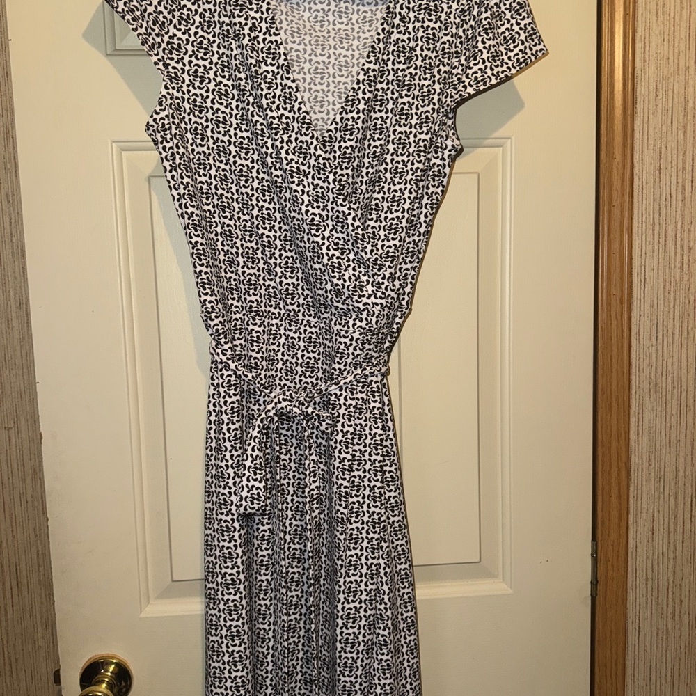 LOFT Black and White Wrap Midi Dress with Flutter Sleeves